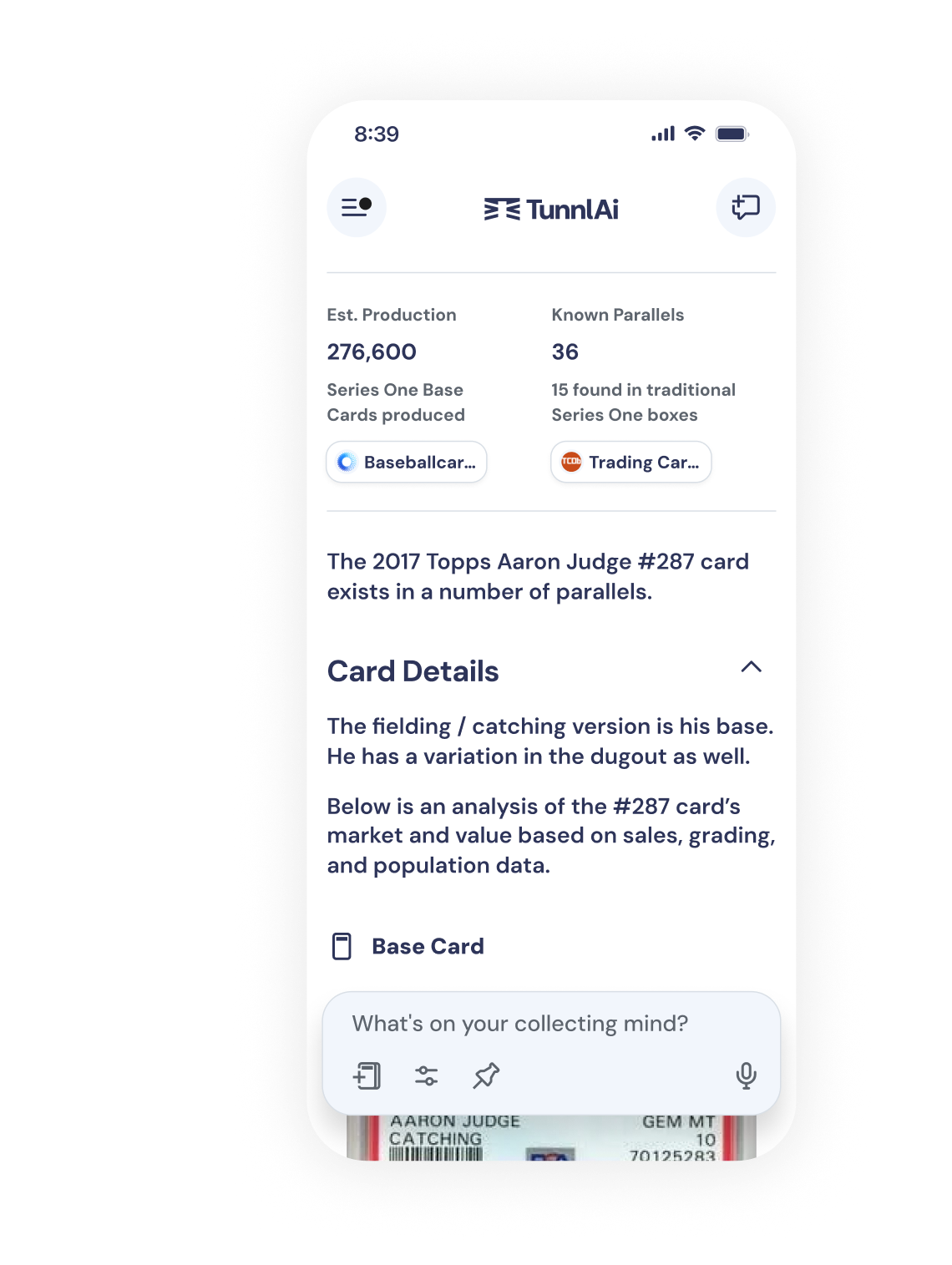 TunnlAi app showing a card research conversation
